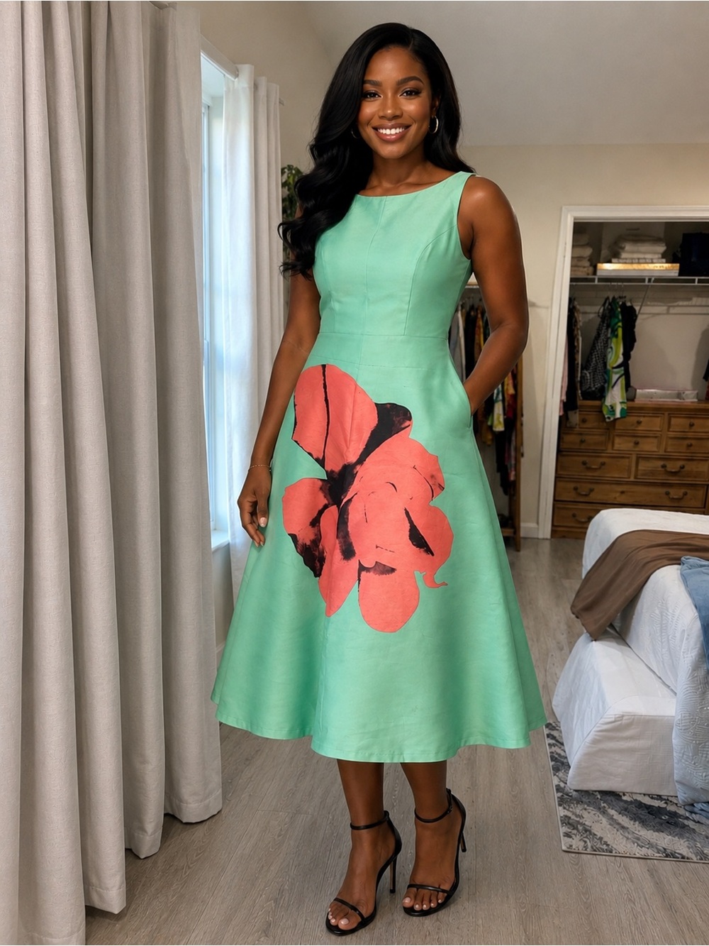 Sleeveless Mint Green Fit-and-Flare Dress with Coral Floral Accent